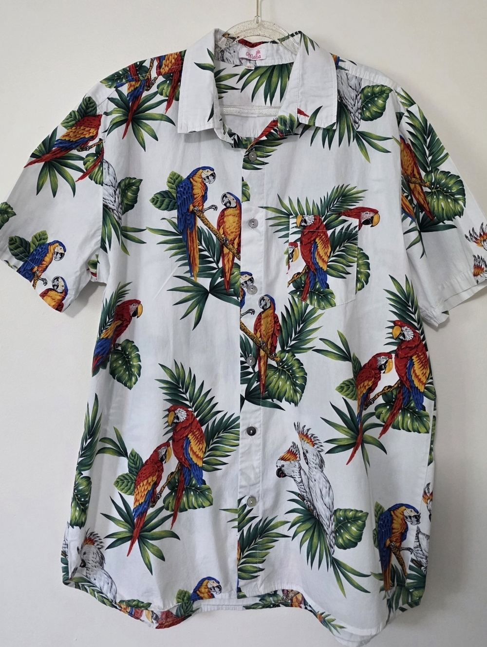 Malia Hawaiian Tropical Birds Palms Button Down Shirt Hawaii Vacation Party Fun
